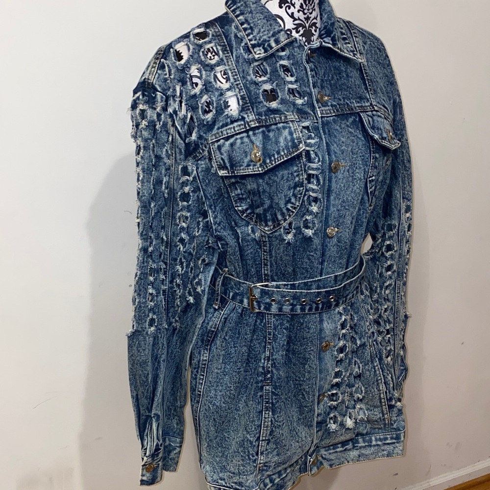 Ma Cherie Denim Distressed Jean Jacket With Belt Mid Length Size Large - Picture 8 of 16